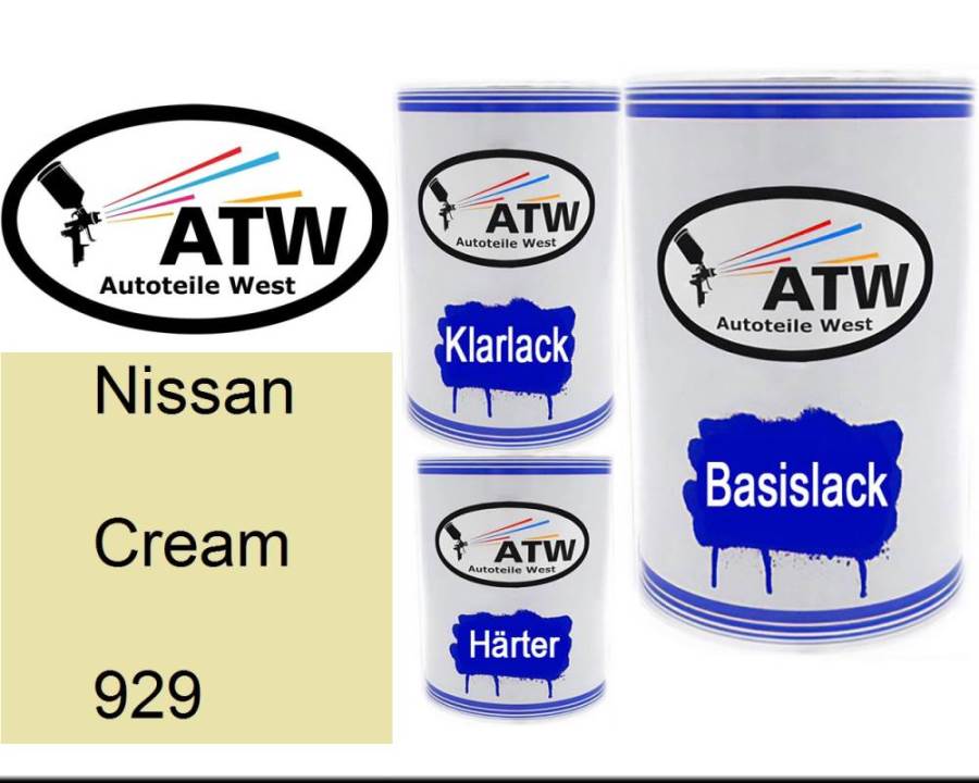 Nissan, Cream, 929: 500ml Lackdose + 500ml Klarlack + 250ml Härter - Set, von ATW Autoteile West.