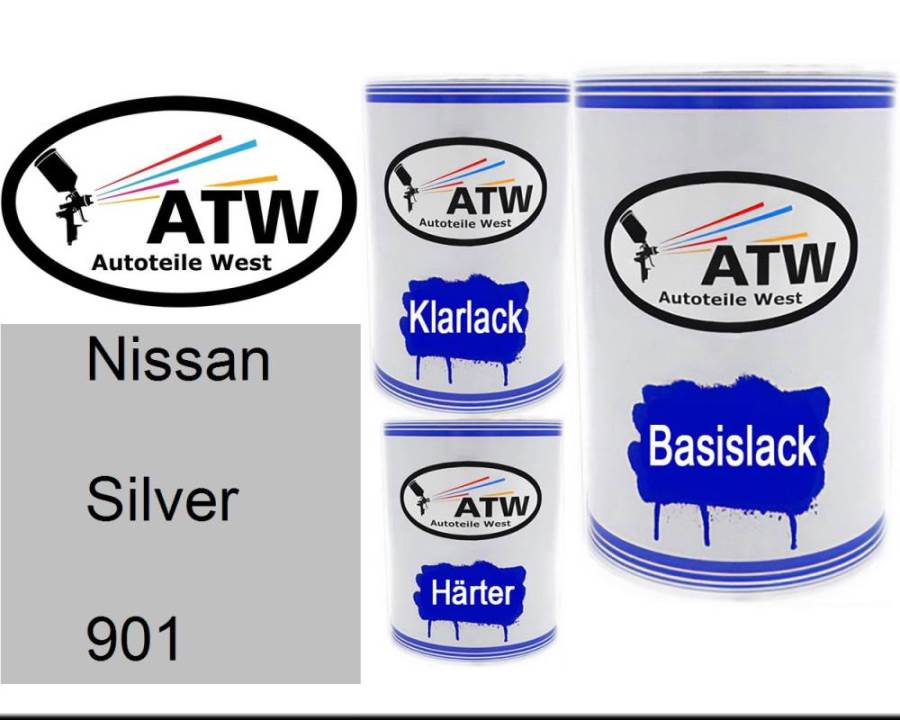 Nissan, Silver, 901: 500ml Lackdose + 500ml Klarlack + 250ml Härter - Set, von ATW Autoteile West.