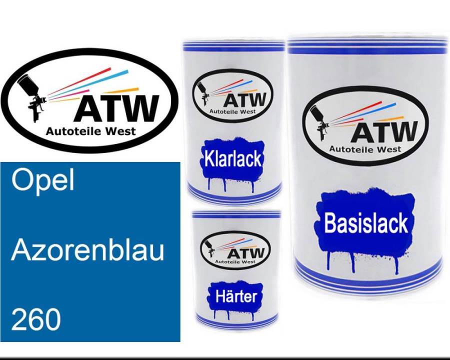 Opel, Azorenblau, 260: 500ml Lackdose + 500ml Klarlack + 250ml Härter - Set, von ATW Autoteile West.