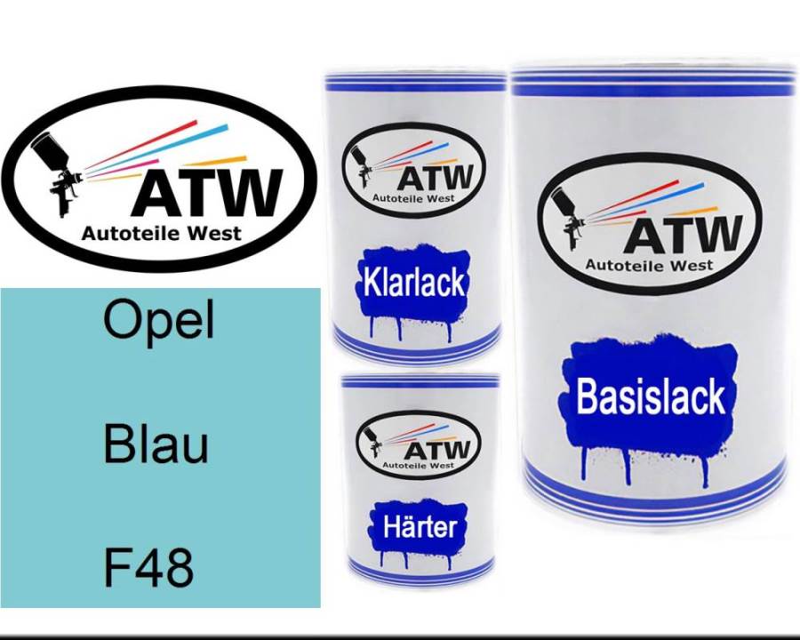 Opel, Blau, F48: 500ml Lackdose + 500ml Klarlack + 250ml Härter - Set, von ATW Autoteile West.