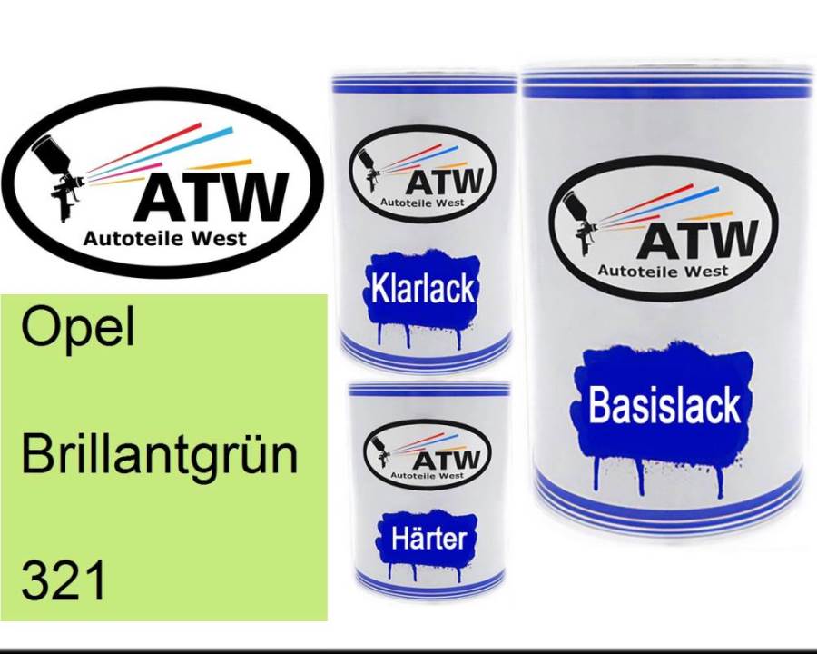 Opel, Brillantgrün, 321: 500ml Lackdose + 500ml Klarlack + 250ml Härter - Set, von ATW Autoteile West.