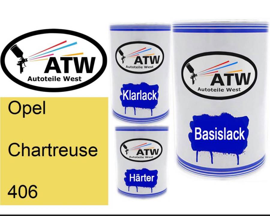 Opel, Chartreuse, 406: 500ml Lackdose + 500ml Klarlack + 250ml Härter - Set, von ATW Autoteile West.