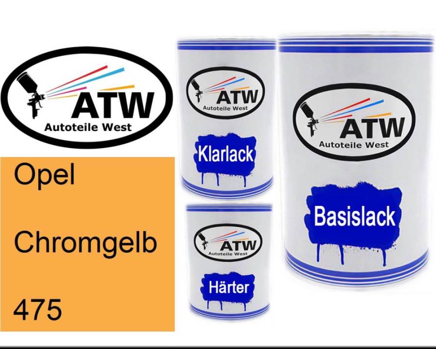 Opel, Chromgelb, 475: 500ml Lackdose + 500ml Klarlack + 250ml Härter - Set, von ATW Autoteile West.