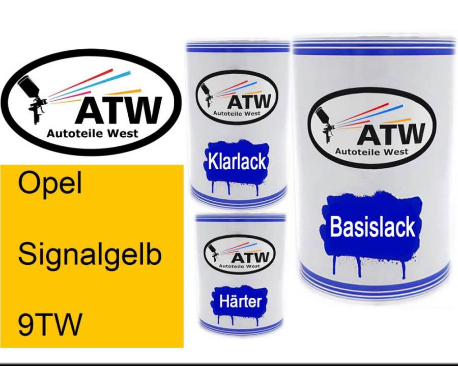 Opel, Signalgelb, 9TW: 500ml Lackdose + 500ml Klarlack + 250ml Härter - Set, von ATW Autoteile West.