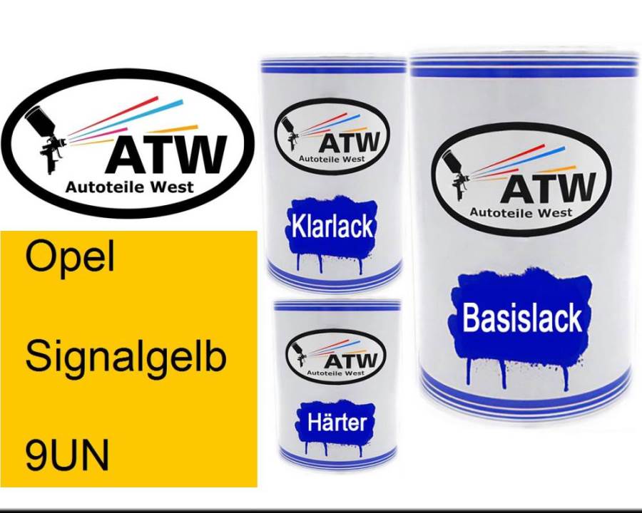 Opel, Signalgelb, 9UN: 500ml Lackdose + 500ml Klarlack + 250ml Härter - Set, von ATW Autoteile West.