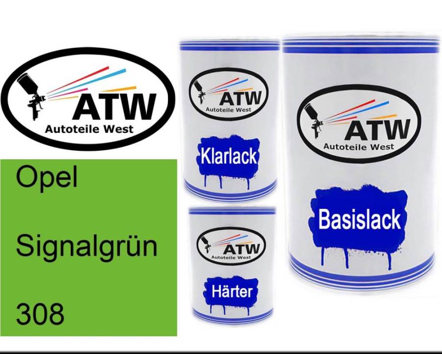 Opel, Signalgrün, 308: 500ml Lackdose + 500ml Klarlack + 250ml Härter - Set, von ATW Autoteile West.