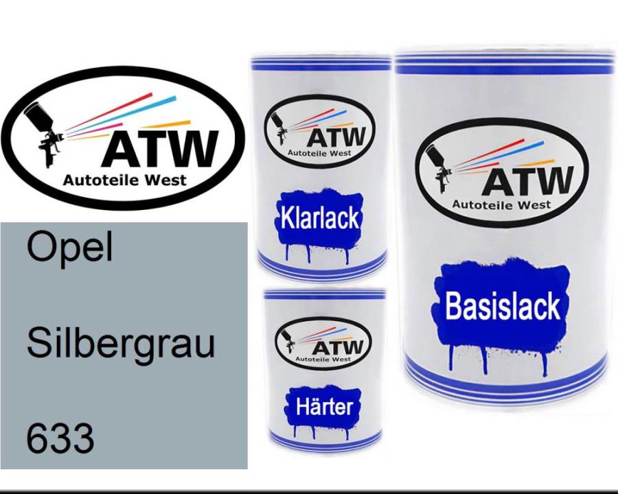 Opel, Silbergrau, 633: 500ml Lackdose + 500ml Klarlack + 250ml Härter - Set, von ATW Autoteile West.