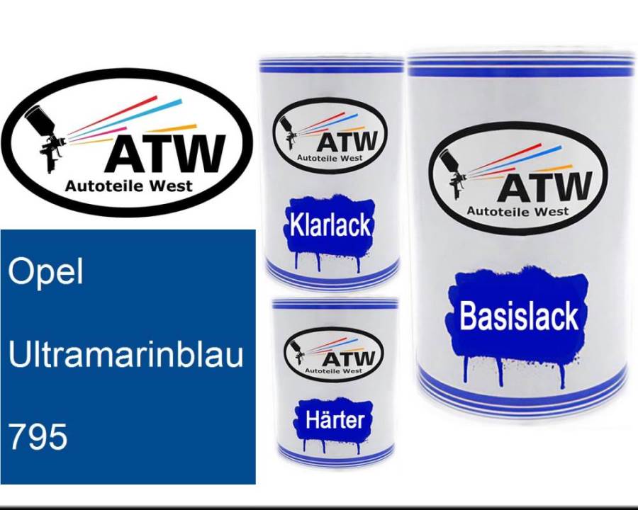 Opel, Ultramarinblau, 795: 500ml Lackdose + 500ml Klarlack + 250ml Härter - Set, von ATW Autoteile West.