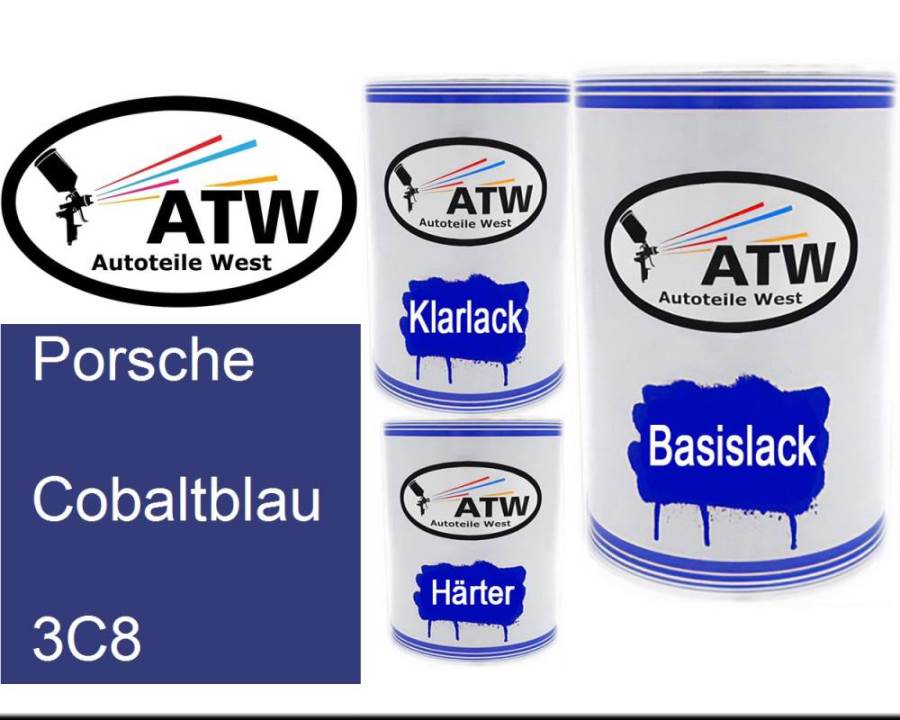 Porsche, Cobaltblau, 3C8: 500ml Lackdose + 500ml Klarlack + 250ml Härter - Set, von ATW Autoteile West.
