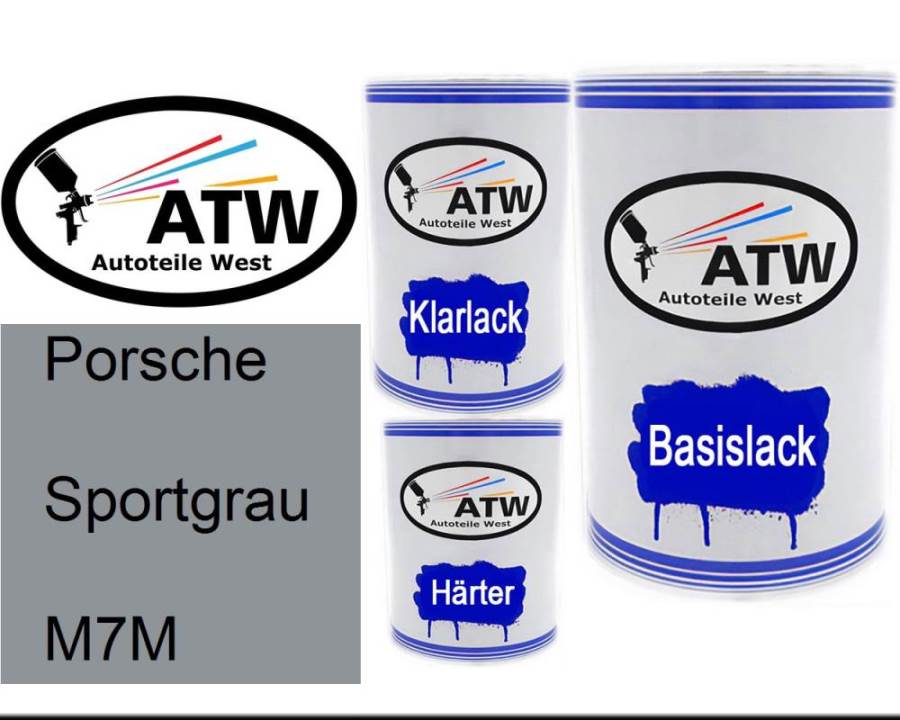 Porsche, Sportgrau, M7M: 500ml Lackdose + 500ml Klarlack + 250ml Härter - Set, von ATW Autoteile West.