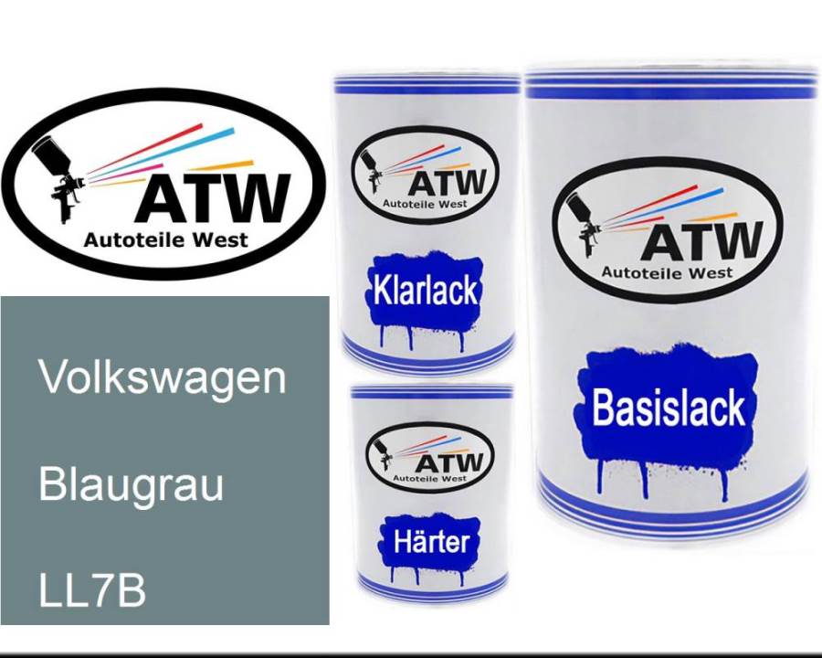 Volkswagen, Blaugrau, LL7B: 500ml Lackdose + 500ml Klarlack + 250ml Härter - Set, von ATW Autoteile West.