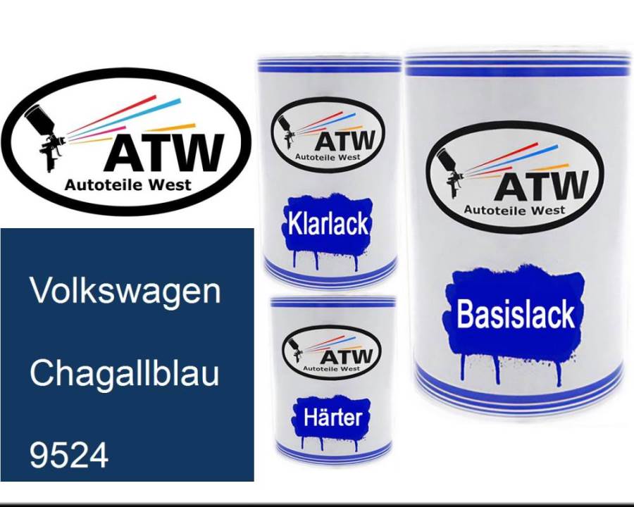 Volkswagen, Chagallblau, 9524: 500ml Lackdose + 500ml Klarlack + 250ml Härter - Set, von ATW Autoteile West.