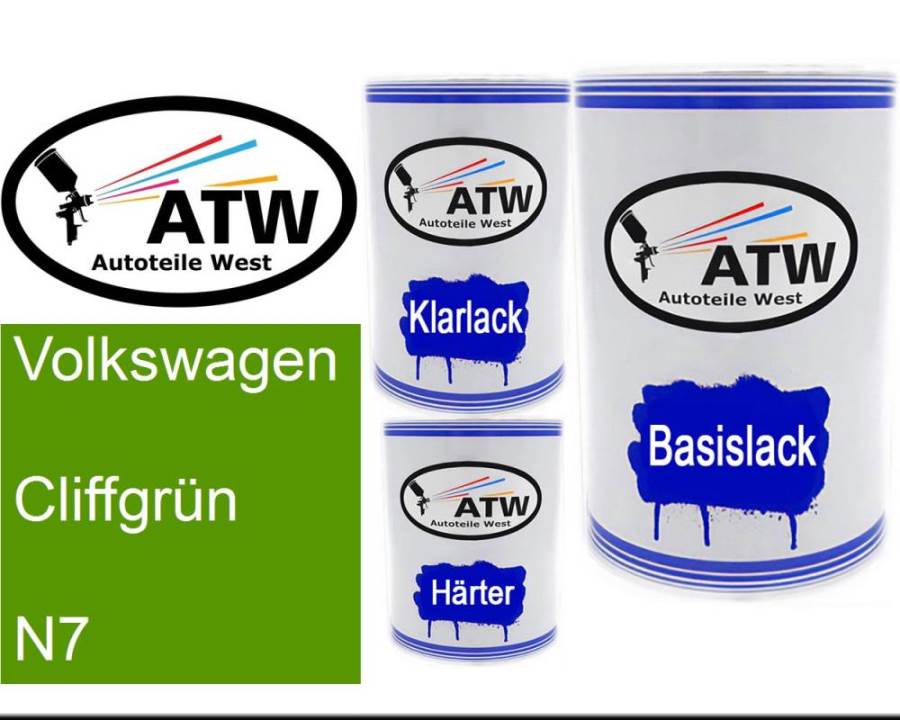 Volkswagen, Cliffgrün, N7: 500ml Lackdose + 500ml Klarlack + 250ml Härter - Set, von ATW Autoteile West.