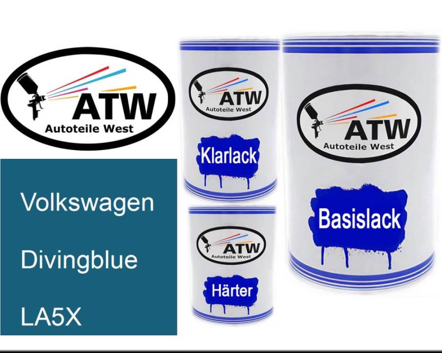 Volkswagen, Divingblue, LA5X: 500ml Lackdose + 500ml Klarlack + 250ml Härter - Set, von ATW Autoteile West.