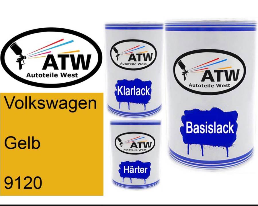 Volkswagen, Gelb, 9120: 500ml Lackdose + 500ml Klarlack + 250ml Härter - Set, von ATW Autoteile West.