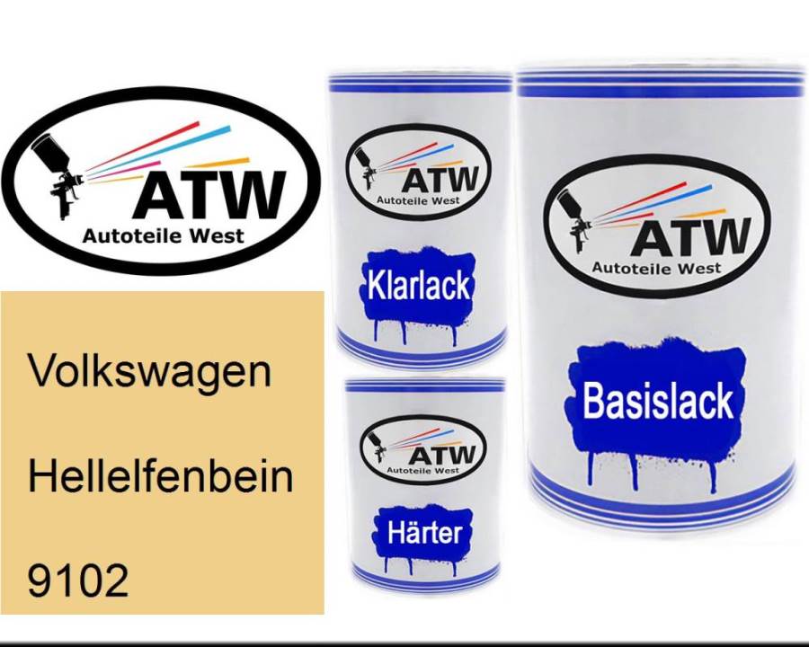 Volkswagen, Hellelfenbein, 9102: 500ml Lackdose + 500ml Klarlack + 250ml Härter - Set, von ATW Autoteile West.