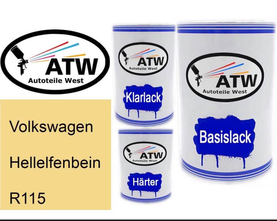 Volkswagen, Hellelfenbein, R115: 500ml Lackdose + 500ml Klarlack + 250ml Härter - Set, von ATW Autoteile West.