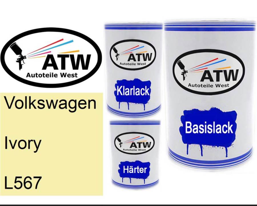 Volkswagen, Ivory, L567: 500ml Lackdose + 500ml Klarlack + 250ml Härter - Set, von ATW Autoteile West.