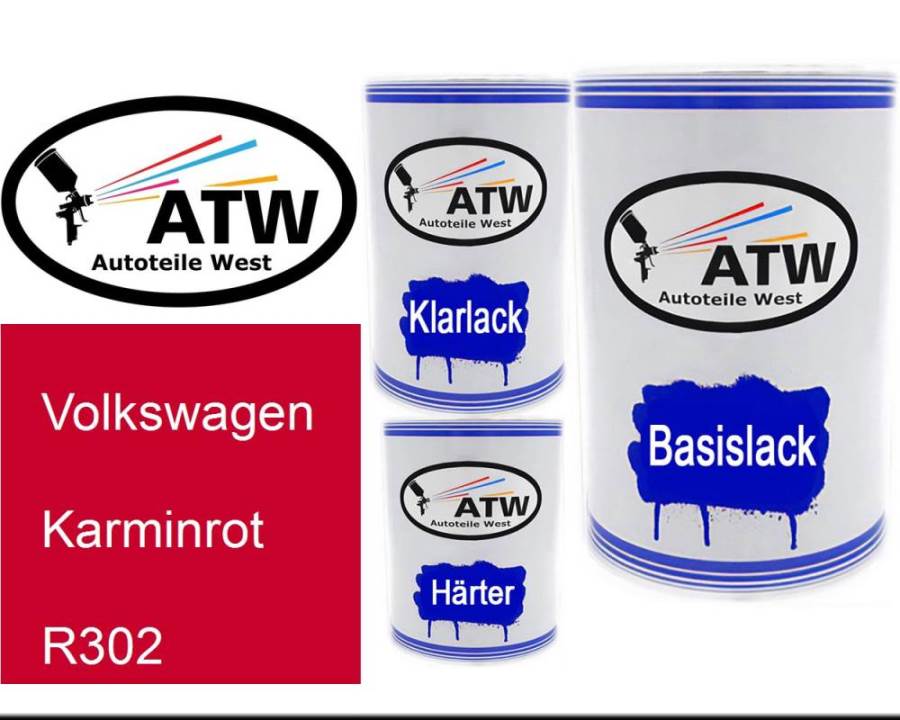 Volkswagen, Karminrot, R302: 500ml Lackdose + 500ml Klarlack + 250ml Härter - Set, von ATW Autoteile West.