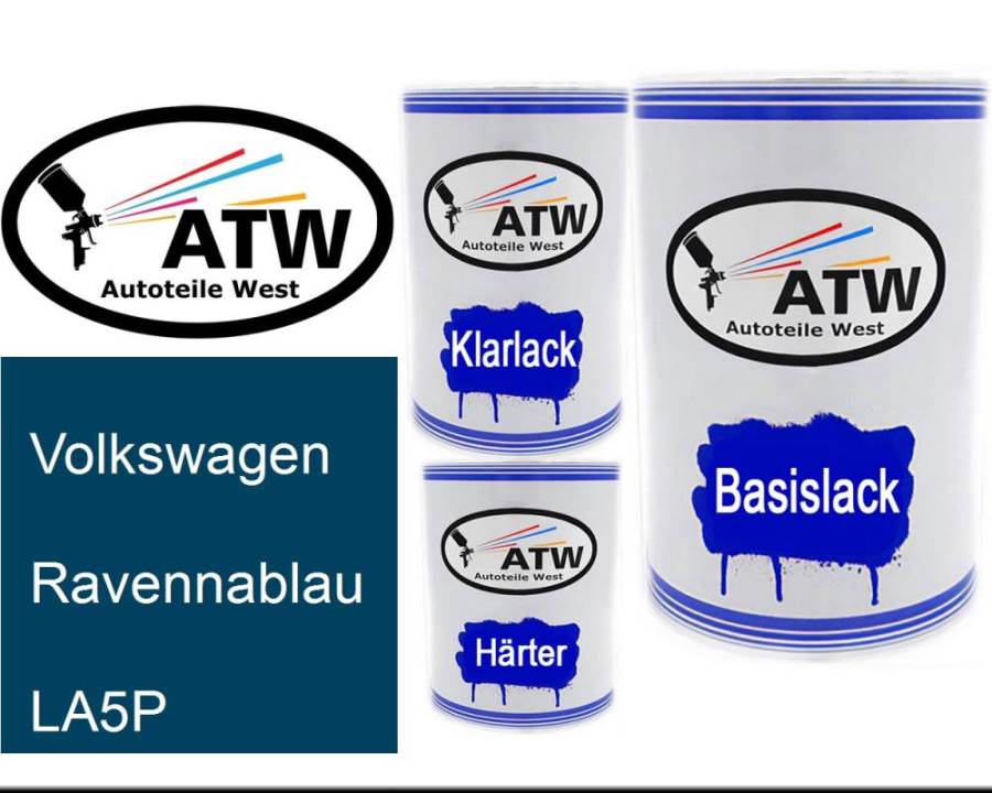 Volkswagen, Ravennablau, LA5P: 500ml Lackdose + 500ml Klarlack + 250ml Härter - Set, von ATW Autoteile West.