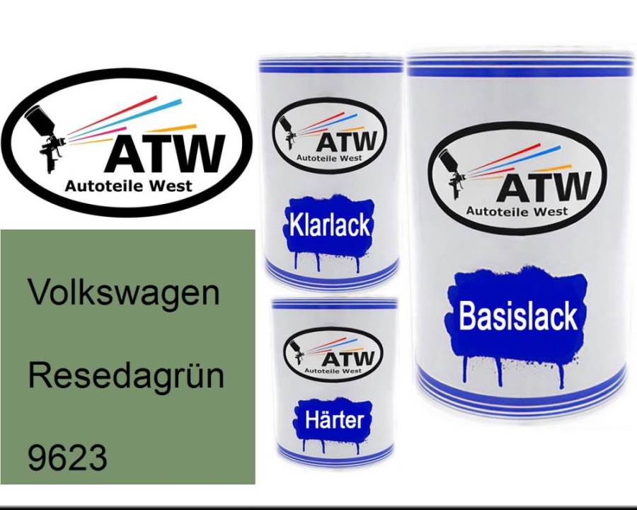 Volkswagen, Resedagrün, 9623: 500ml Lackdose + 500ml Klarlack + 250ml Härter - Set, von ATW Autoteile West.