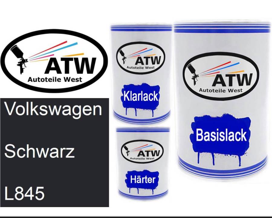 Volkswagen, Schwarz, L845: 500ml Lackdose + 500ml Klarlack + 250ml Härter - Set, von ATW Autoteile West.