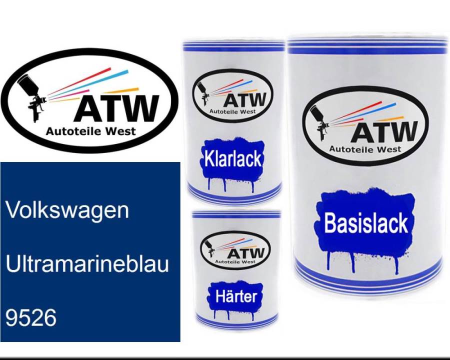 Volkswagen, Ultramarineblau, 9526: 500ml Lackdose + 500ml Klarlack + 250ml Härter - Set, von ATW Autoteile West.