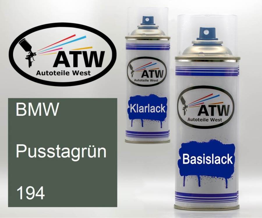 BMW, Pusstagrün, 194: 400ml Sprühdose + 400ml Klarlack - Set, von ATW Autoteile West.