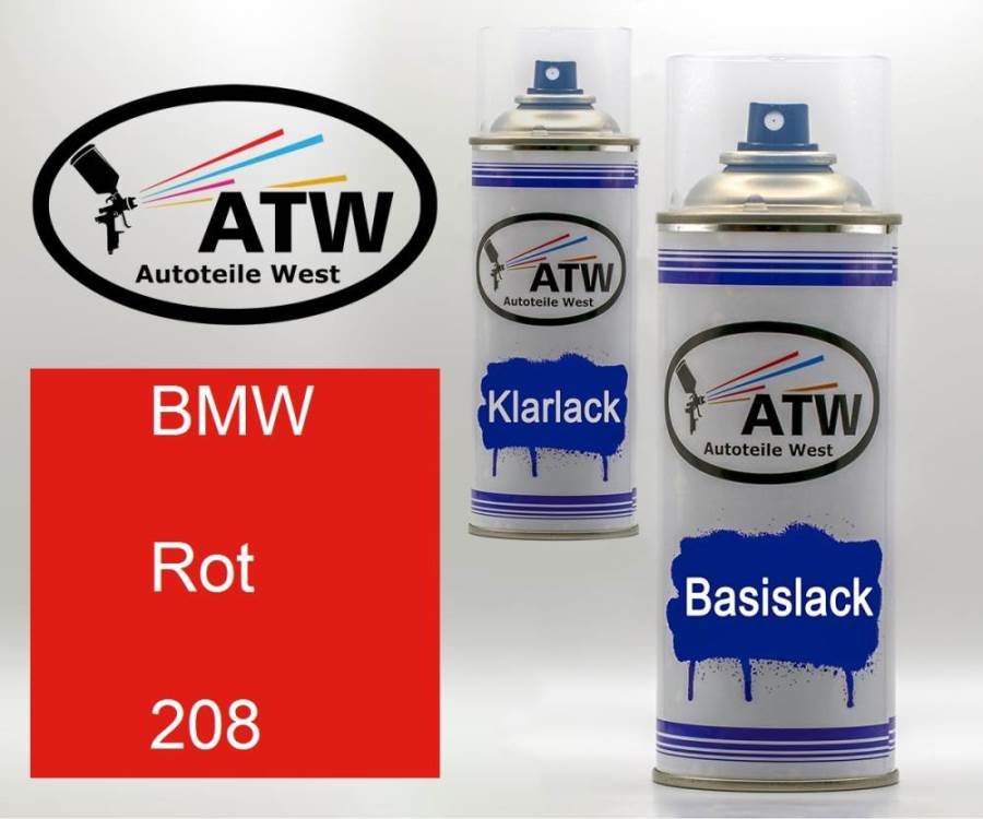 BMW, Rot, 208: 400ml Sprühdose + 400ml Klarlack - Set, von ATW Autoteile West.