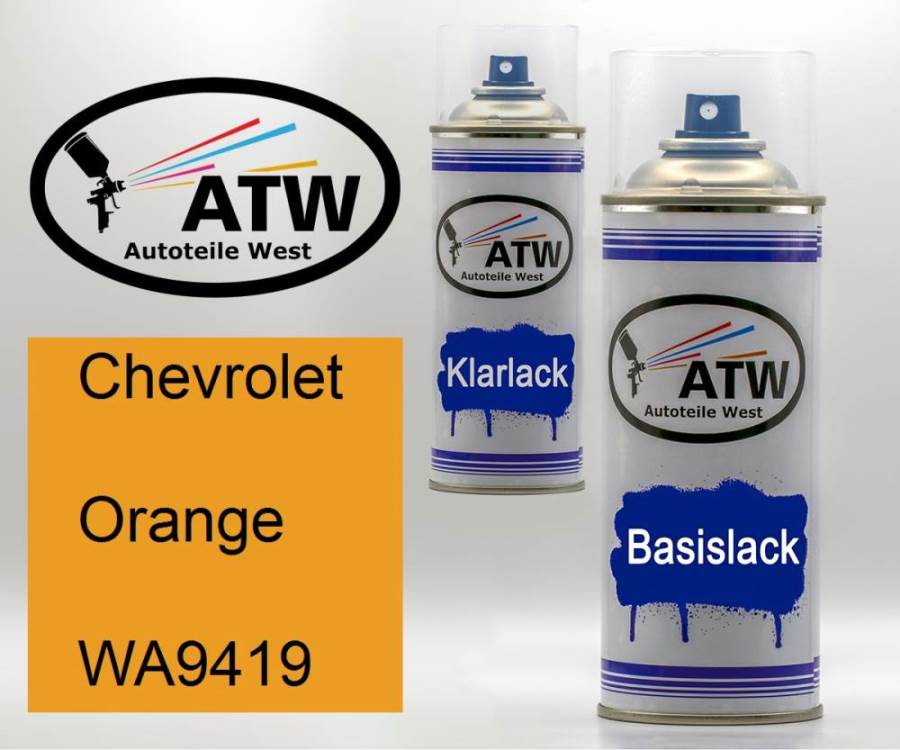 Chevrolet, Orange, WA9419: 400ml Sprühdose + 400ml Klarlack - Set, von ATW Autoteile West.