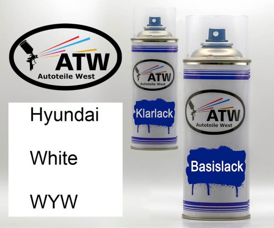 Hyundai, White, WYW: 400ml Sprühdose + 400ml Klarlack - Set, von ATW Autoteile West.
