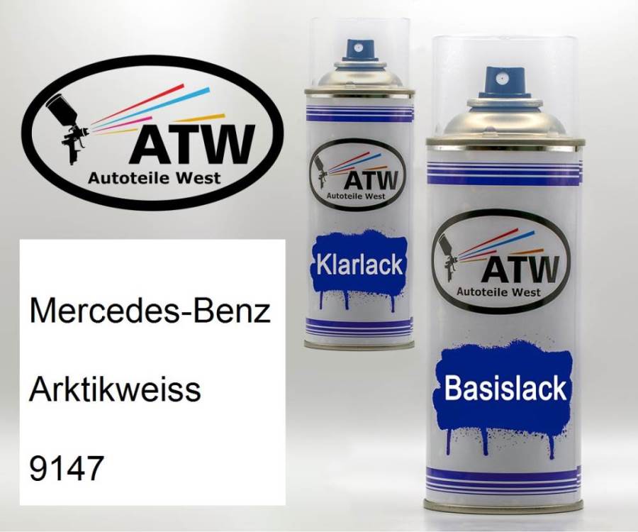 Mercedes-Benz, Arktikweiss, 9147: 400ml Sprühdose + 400ml Klarlack - Set, von ATW Autoteile West.