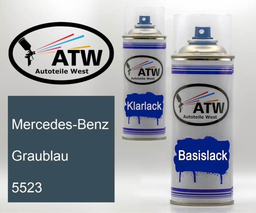 Mercedes-Benz, Graublau, 5523: 400ml Sprühdose + 400ml Klarlack - Set, von ATW Autoteile West.