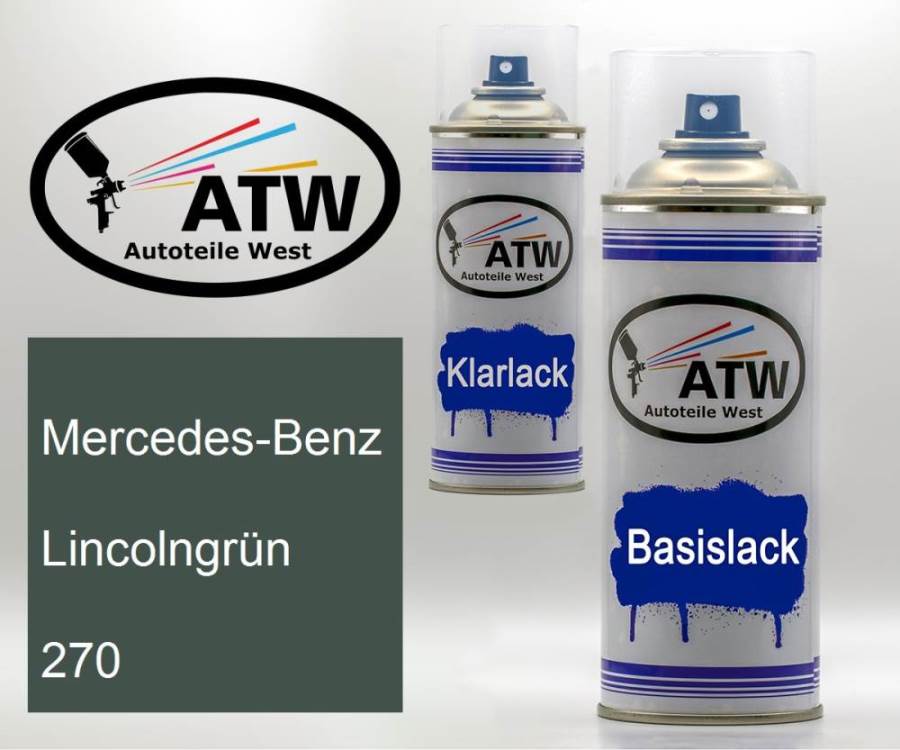 Mercedes-Benz, Lincolngrün, 270: 400ml Sprühdose + 400ml Klarlack - Set, von ATW Autoteile West.