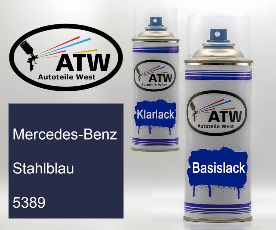 Mercedes-Benz, Stahlblau, 5389: 400ml Sprühdose + 400ml Klarlack - Set, von ATW Autoteile West.