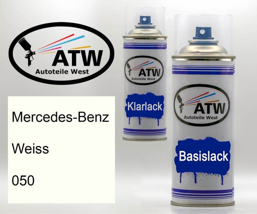 Mercedes-Benz, Weiss, 050: 400ml Sprühdose + 400ml Klarlack - Set, von ATW Autoteile West.