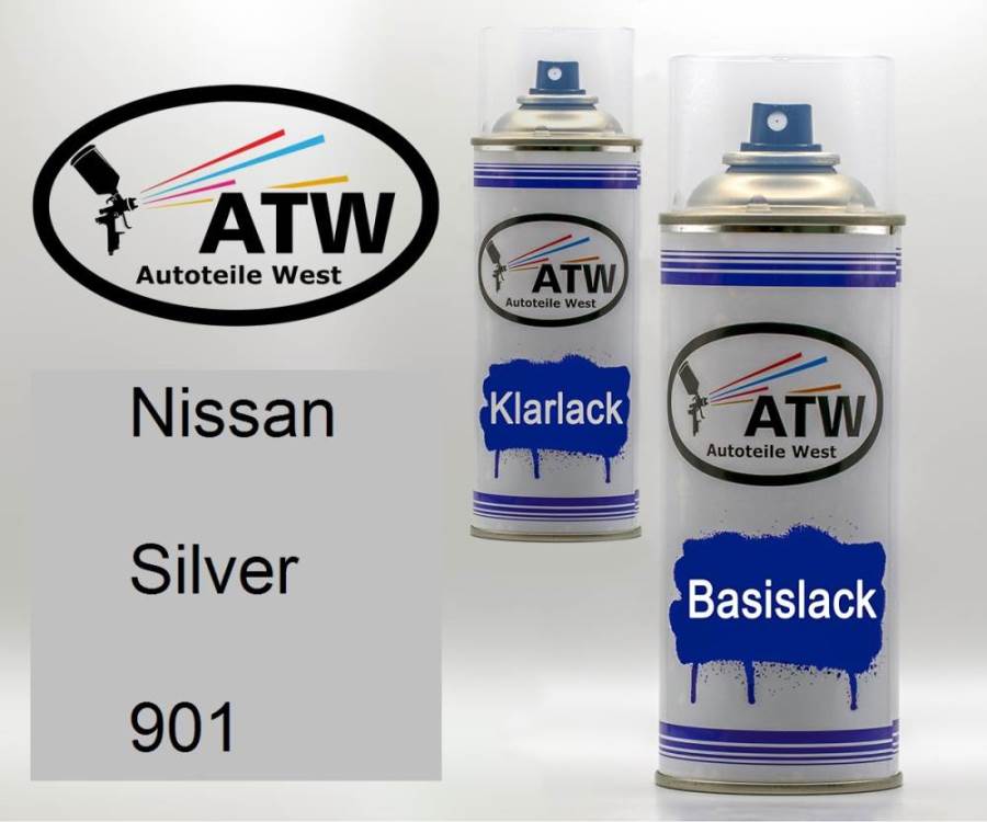 Nissan, Silver, 901: 400ml Sprühdose + 400ml Klarlack - Set, von ATW Autoteile West.