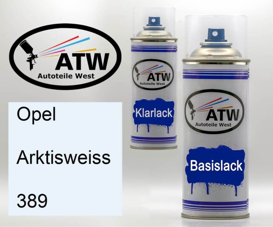 Opel, Arktisweiss, 389: 400ml Sprühdose + 400ml Klarlack - Set, von ATW Autoteile West.