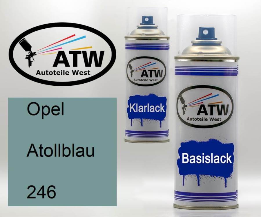 Opel, Atollblau, 246: 400ml Sprühdose + 400ml Klarlack - Set, von ATW Autoteile West.