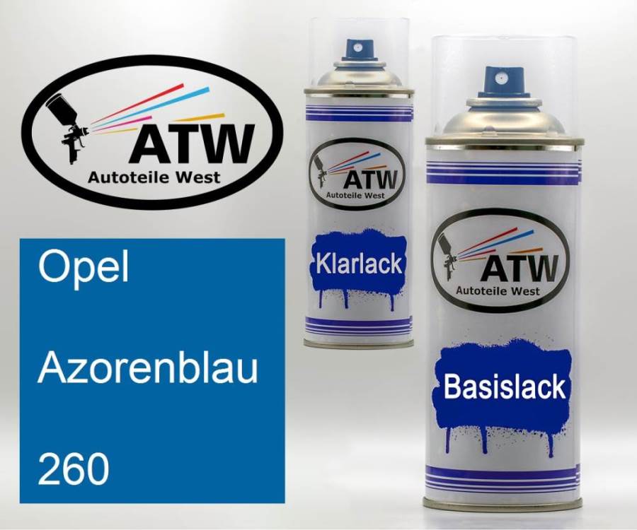 Opel, Azorenblau, 260: 400ml Sprühdose + 400ml Klarlack - Set, von ATW Autoteile West.