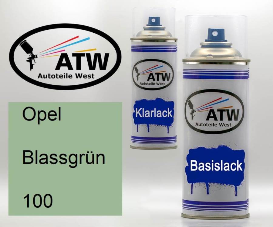 Opel, Blassgrün, 100: 400ml Sprühdose + 400ml Klarlack - Set, von ATW Autoteile West.