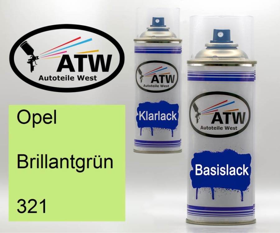 Opel, Brillantgrün, 321: 400ml Sprühdose + 400ml Klarlack - Set, von ATW Autoteile West.