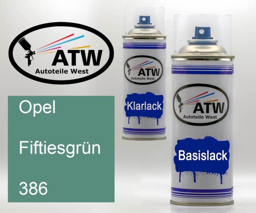 Opel, Fiftiesgrün, 386: 400ml Sprühdose + 400ml Klarlack - Set, von ATW Autoteile West.