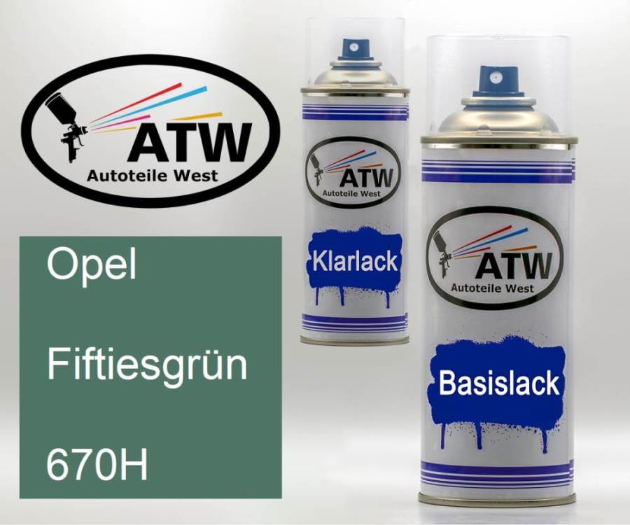 Opel, Fiftiesgrün, 670H: 400ml Sprühdose + 400ml Klarlack - Set, von ATW Autoteile West.