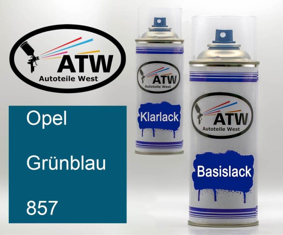 Opel, Grünblau, 857: 400ml Sprühdose + 400ml Klarlack - Set, von ATW Autoteile West.