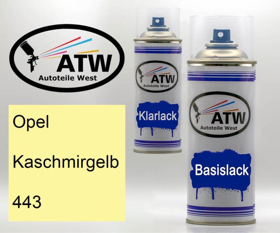 Opel, Kaschmirgelb, 443: 400ml Sprühdose + 400ml Klarlack - Set, von ATW Autoteile West.