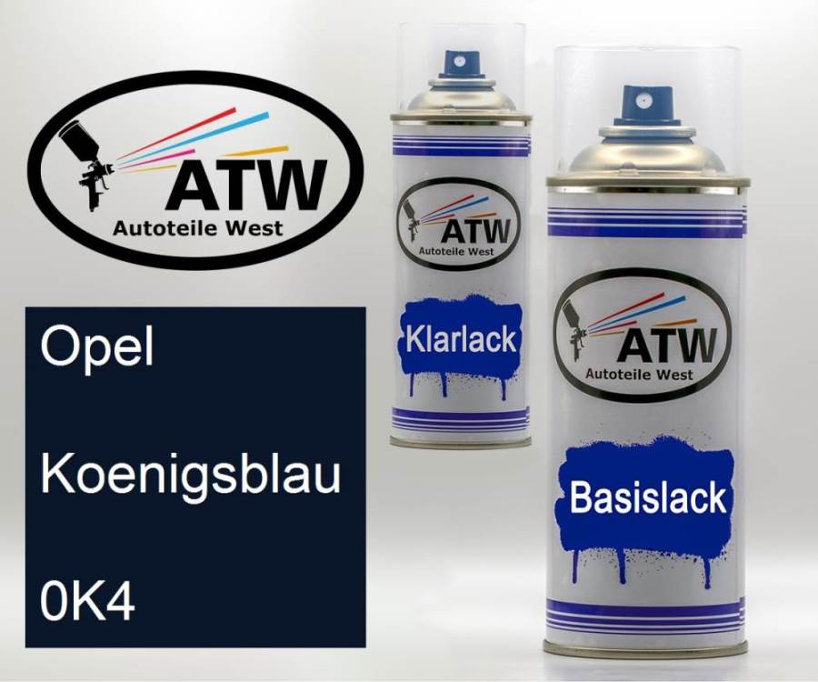 Opel, Koenigsblau, 0K4: 400ml Sprühdose + 400ml Klarlack - Set, von ATW Autoteile West.