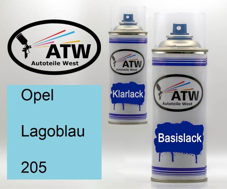 Opel, Lagoblau, 205: 400ml Sprühdose + 400ml Klarlack - Set, von ATW Autoteile West.