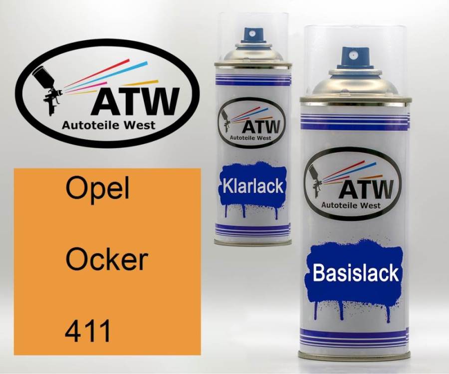 Opel, Ocker, 411: 400ml Sprühdose + 400ml Klarlack - Set, von ATW Autoteile West.