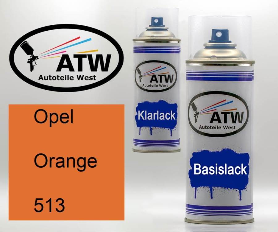 Opel, Orange, 513: 400ml Sprühdose + 400ml Klarlack - Set, von ATW Autoteile West.